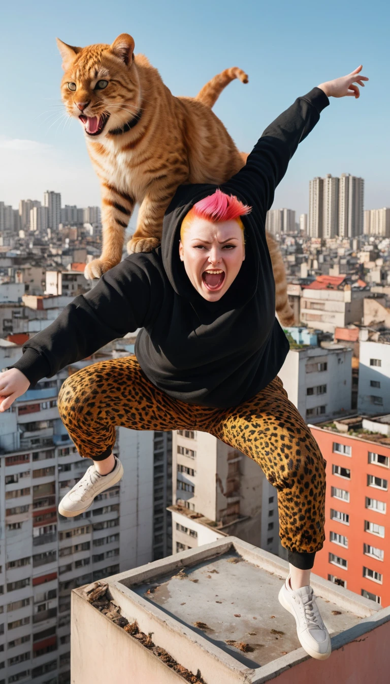 Woman Riding Giant Cat Across City Rooftops