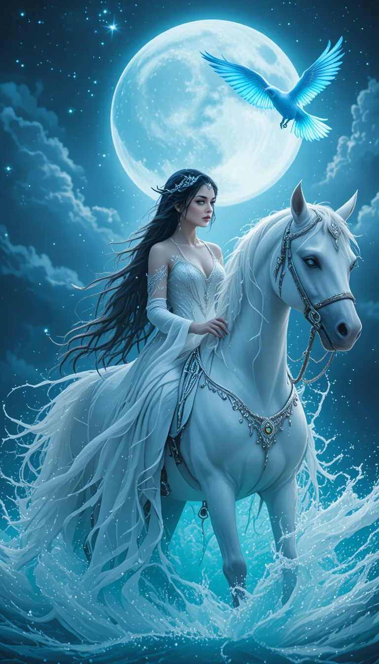 Donna elfica che cavalca un cavallo bianco sotto una luna splendente