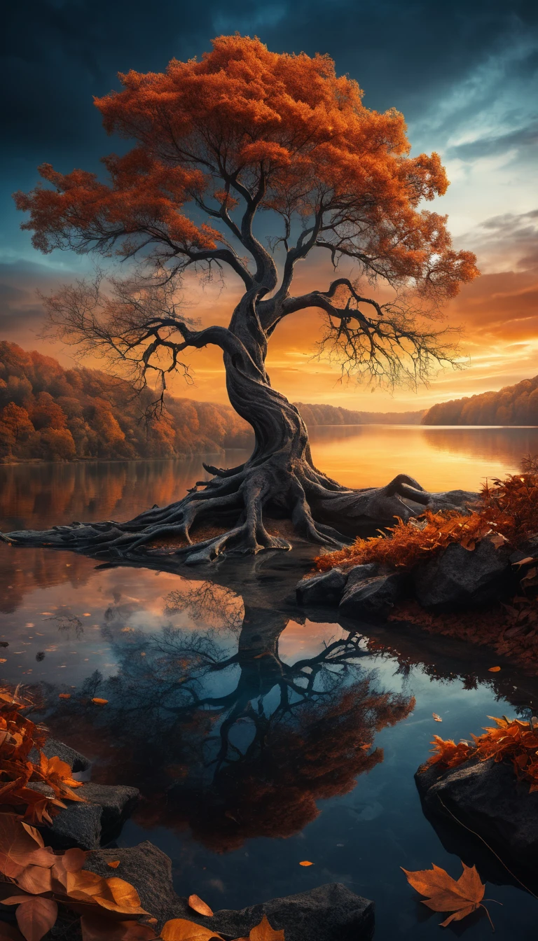 Uralter Fantasiebaum an einem stillen Herbstsee