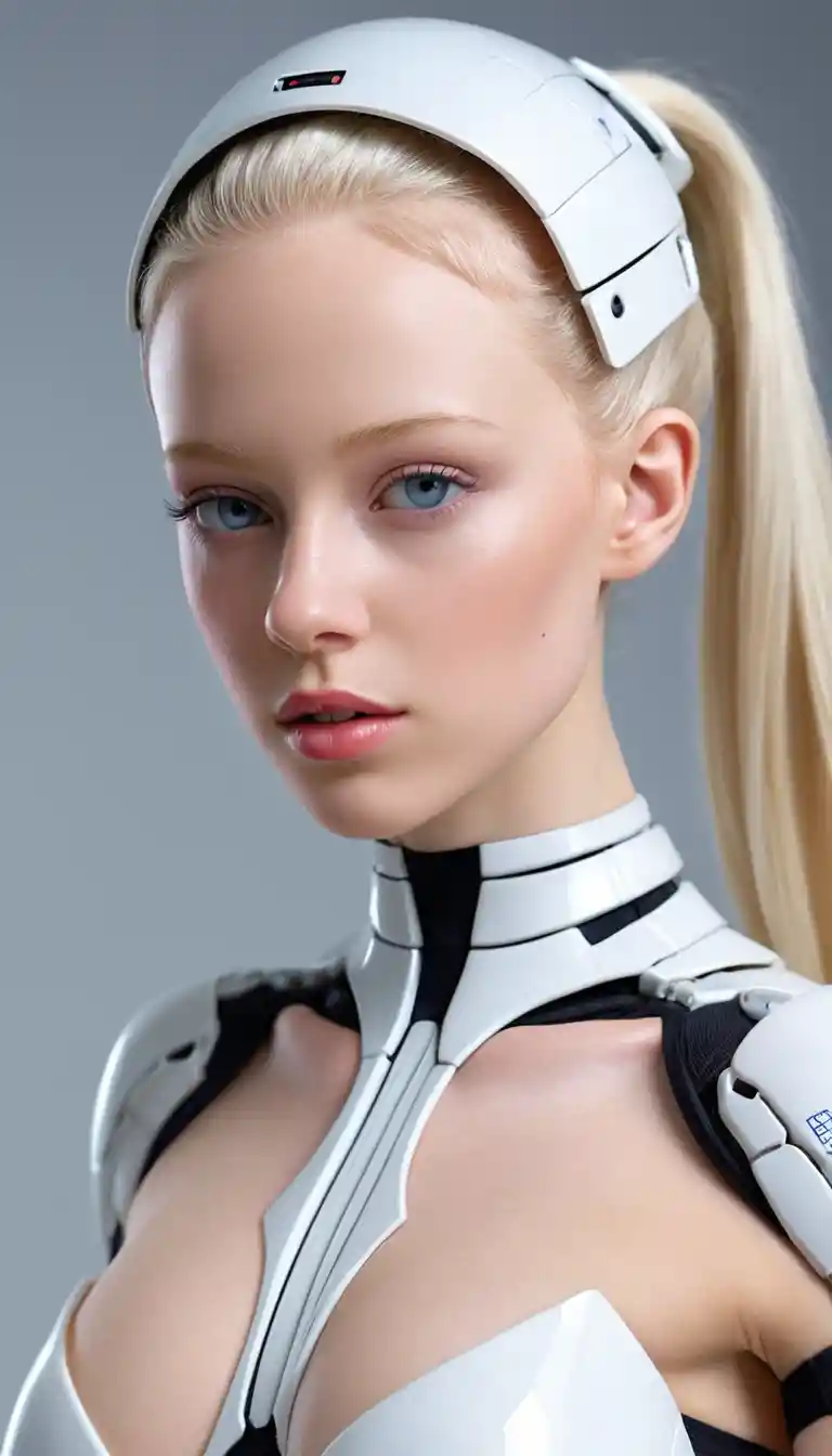 Nahaufnahme eines Sci‑Fi‑Porträts einer Frau mit kybernetischem Helm