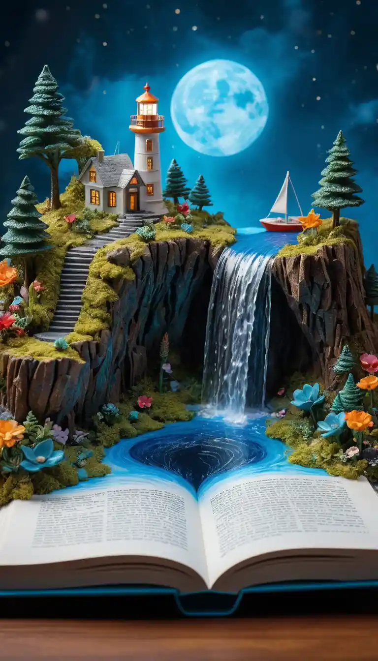 Close up fantasy waterfall world emerging from open book