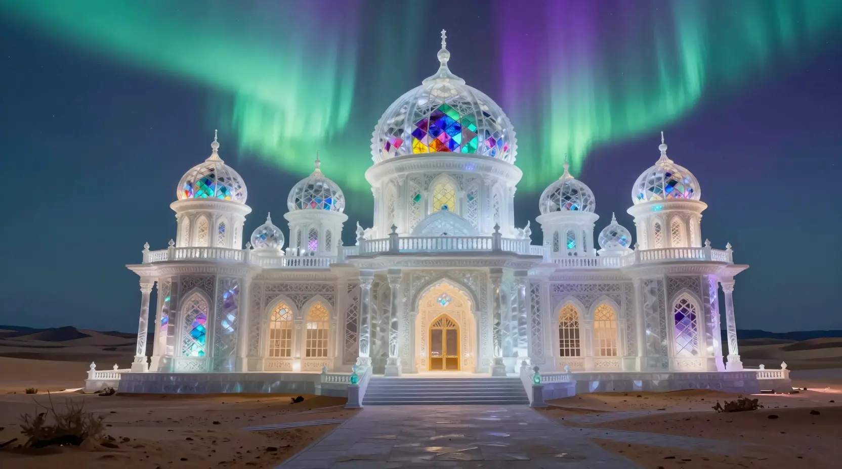 Crystal glass palace glowing under vivid northern lights