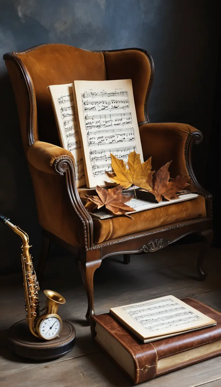 Wooden armchair with saxophone and autumn inspired details