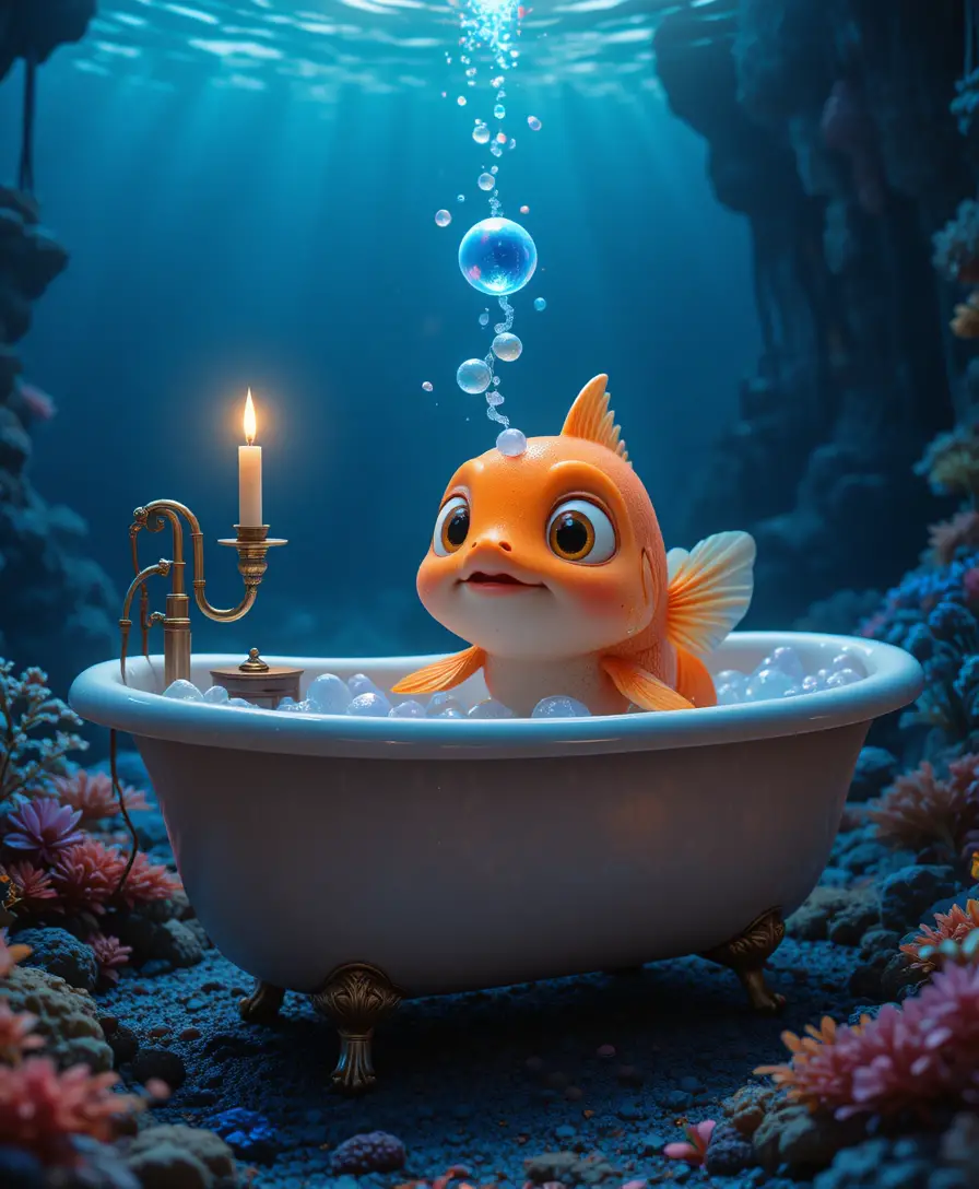 Whimsical goldfish relaxing in a bathtub under the sea