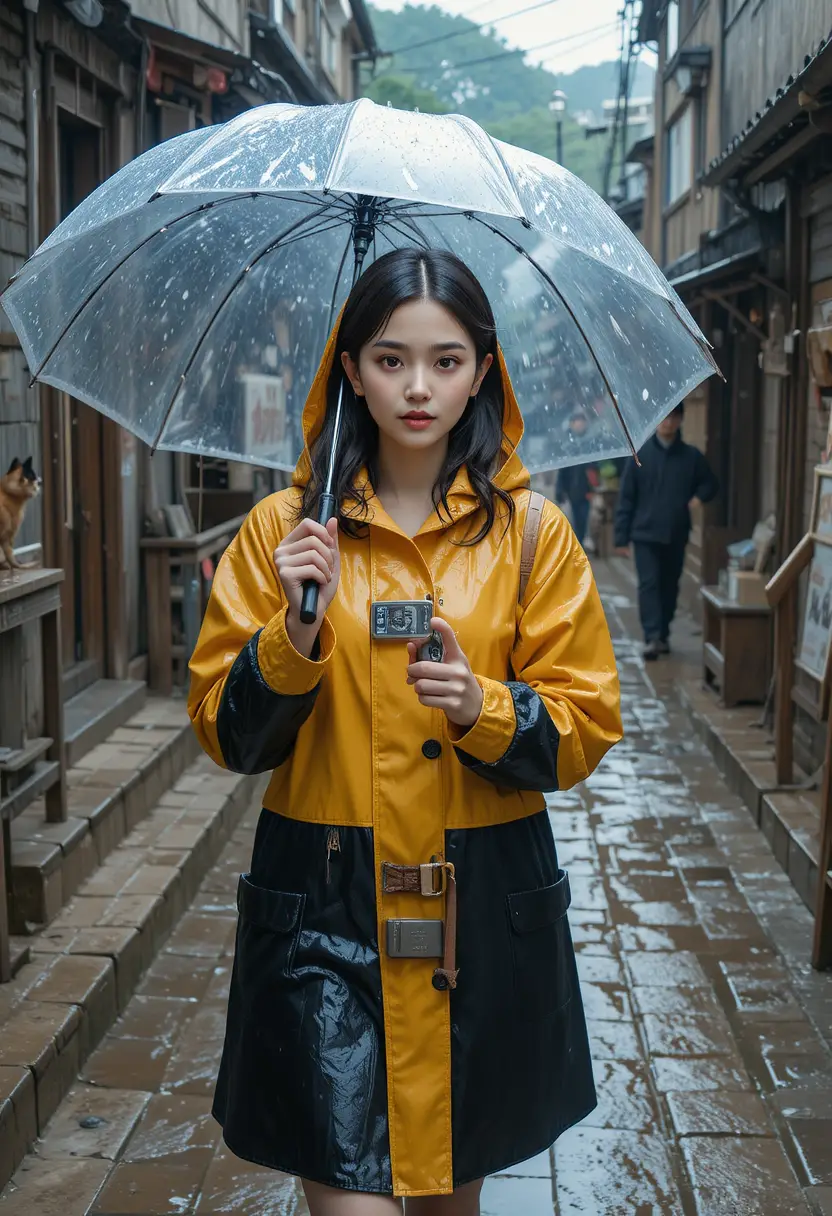 비 내리는 서울 골목을 달리는 젊은 여성