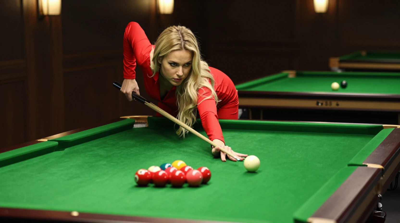 Blonde Frau im roten Outfit beim präzisen Snooker-Anstoß