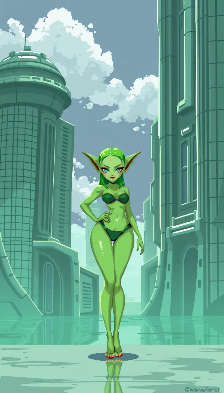 Green alien girl in pixel art futuristic cityscape