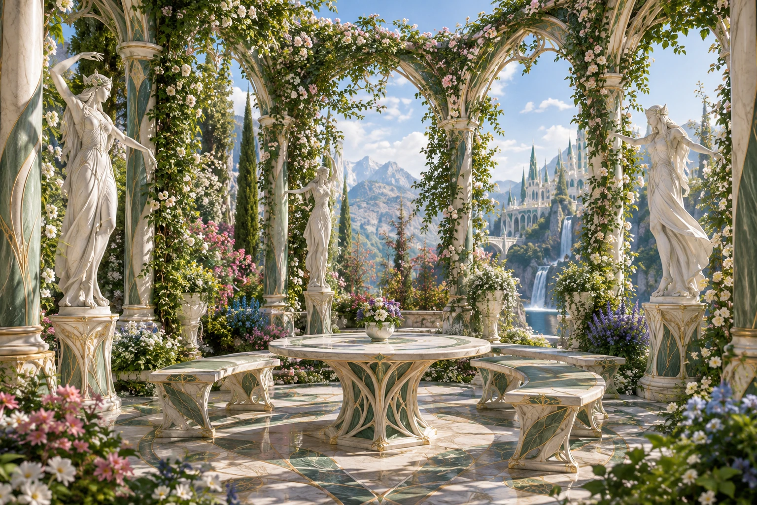 Elegant elven marble garden with statues and flowering arches