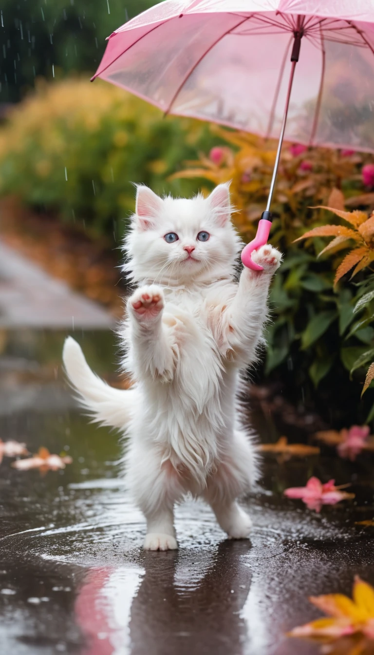 ピンクの傘と水たまりで踊るかわいい白い子猫