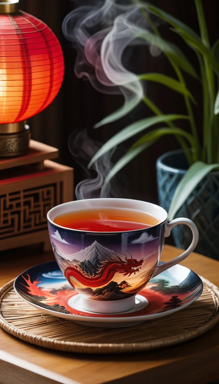 Glowing Chinese teacup with dragon shaped nebula steam