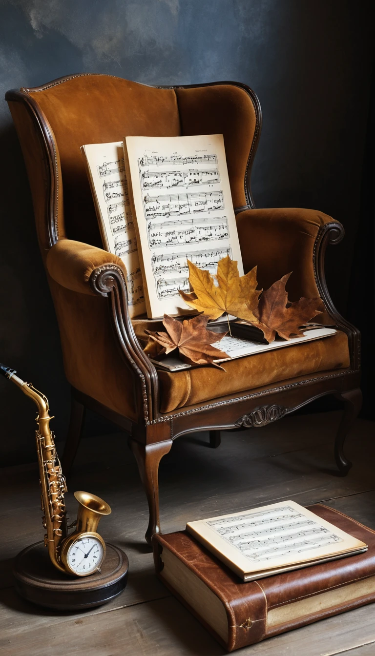 Wooden armchair with saxophone and autumn inspired details