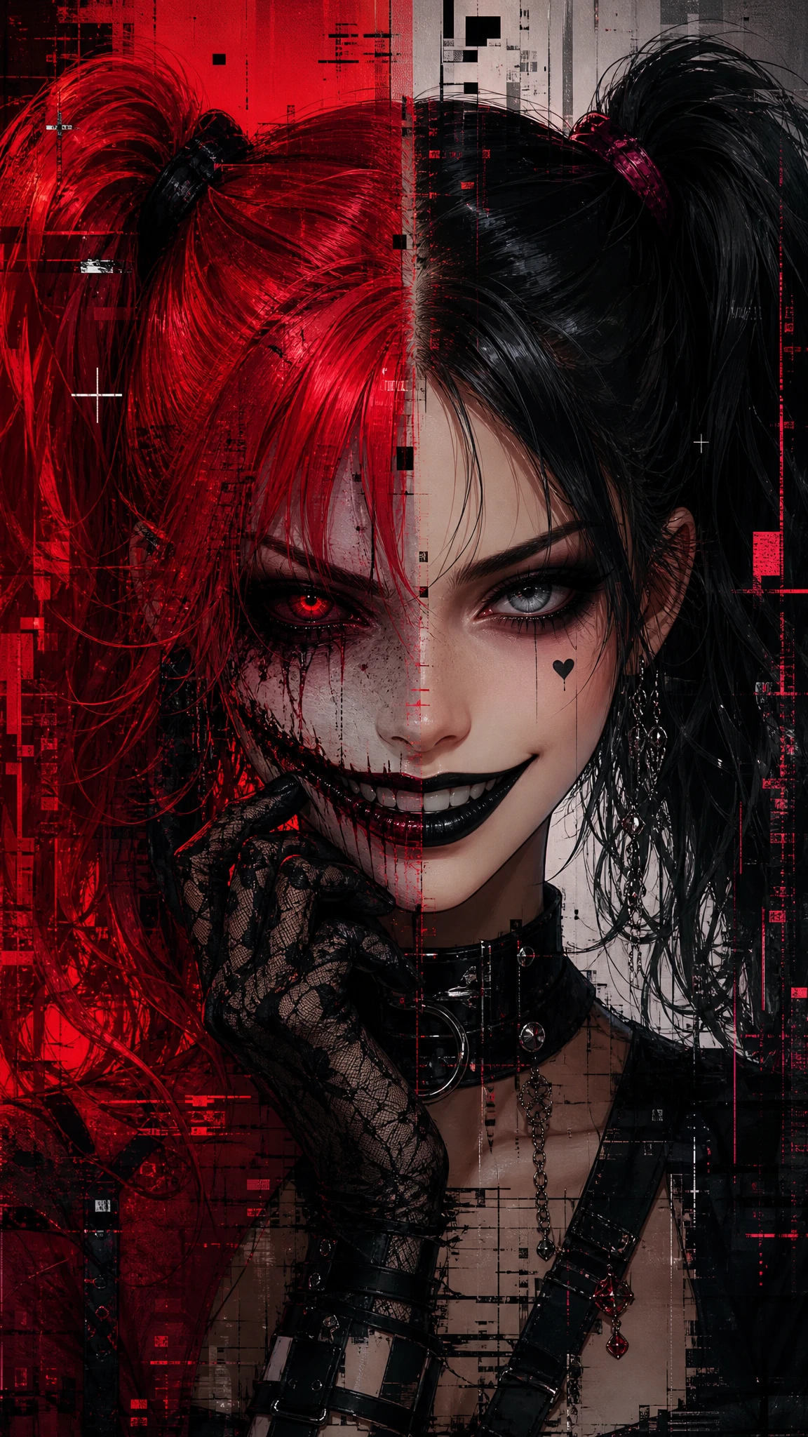 Mujer de anime de rostro partido con coletas rojas y negras