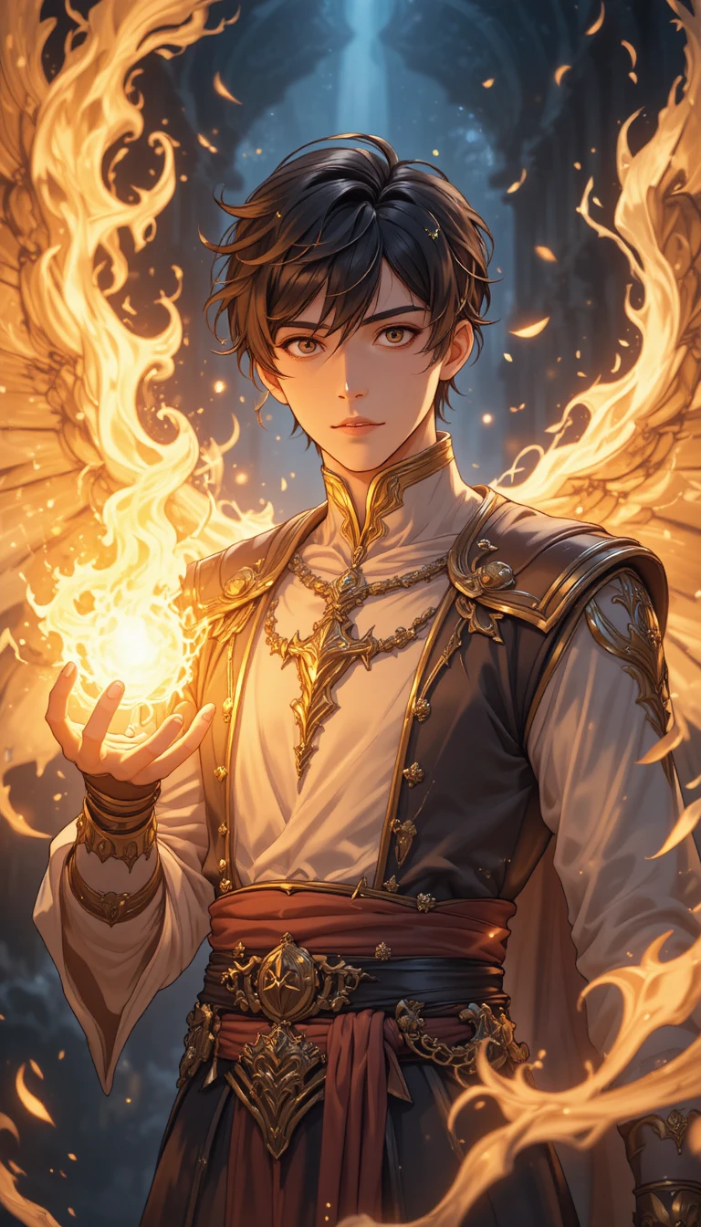 Young anime man fused with a powerful fire phoenix