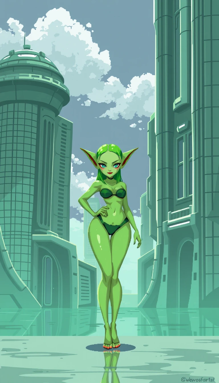 Grünes Alien-Mädchen in pixelartiger futuristischer Stadtlandschaft
