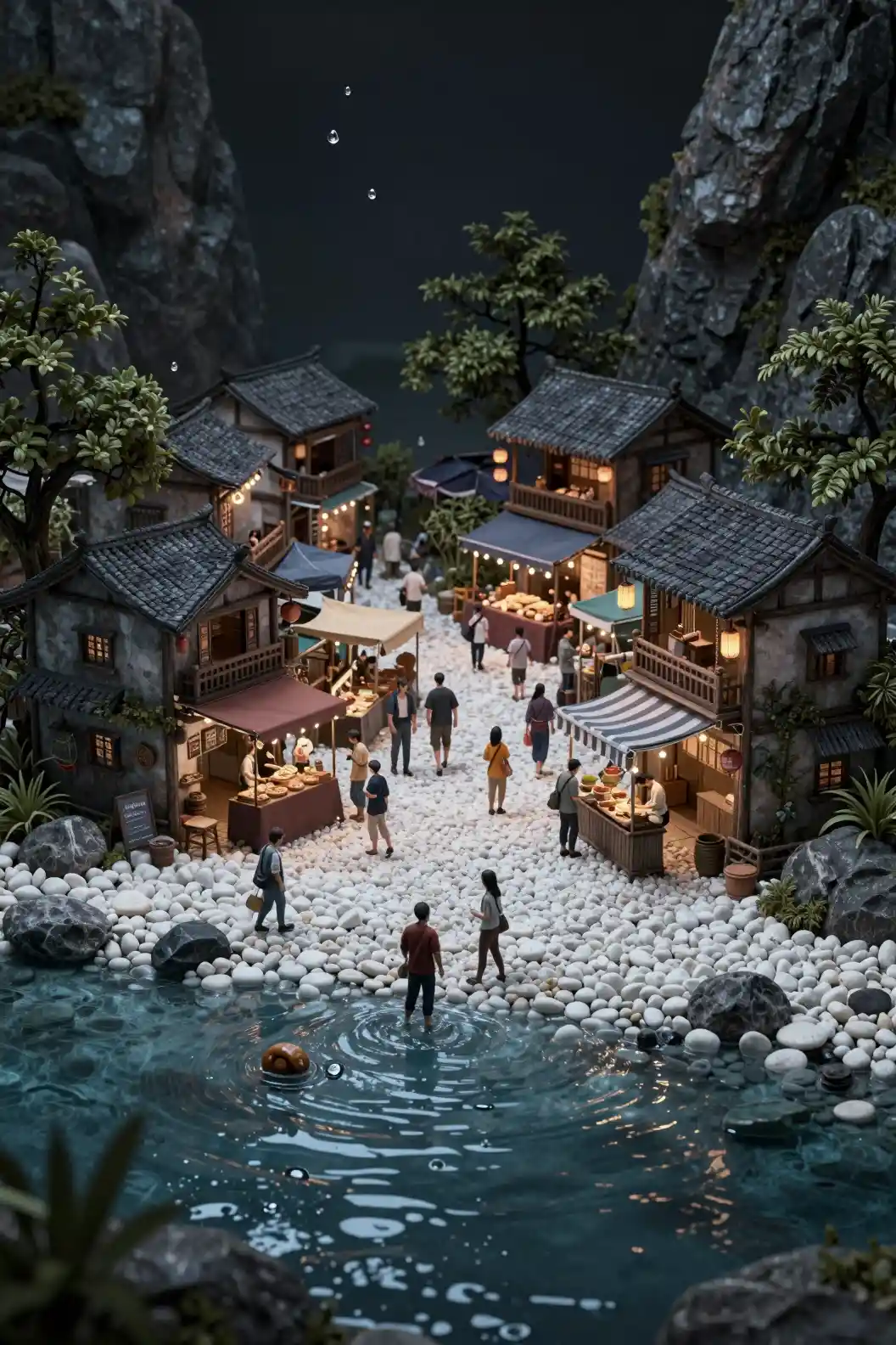 Pueblo en miniatura de mercado nocturno sobre guijarros junto a agua cristalina