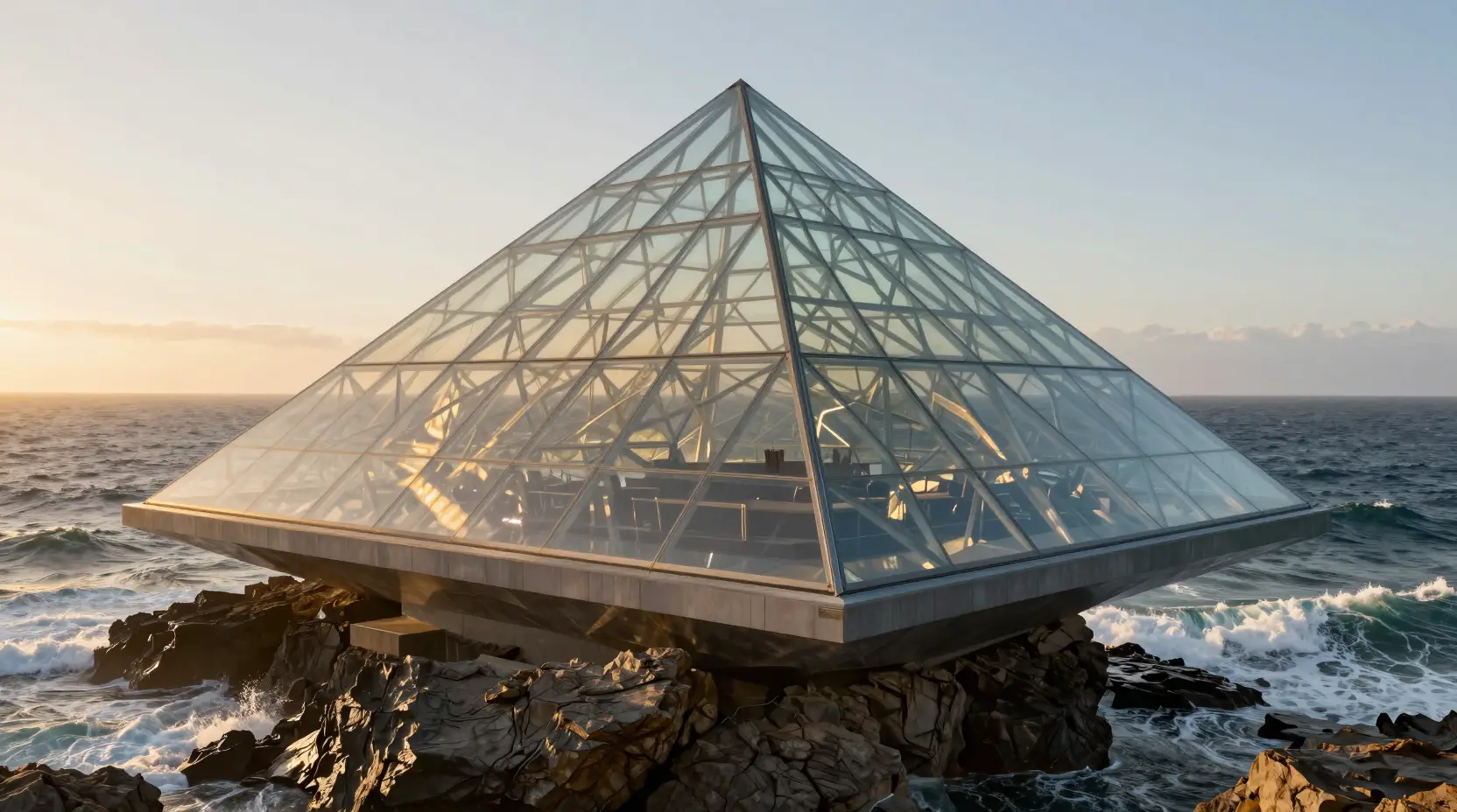 Futuristic glass concert hall above dramatic ocean cliffs