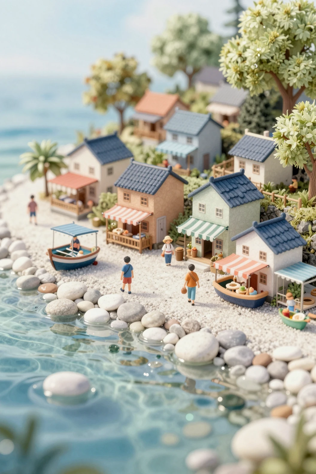 Miniature Fishing Village On Pebbles Beside Clear Water