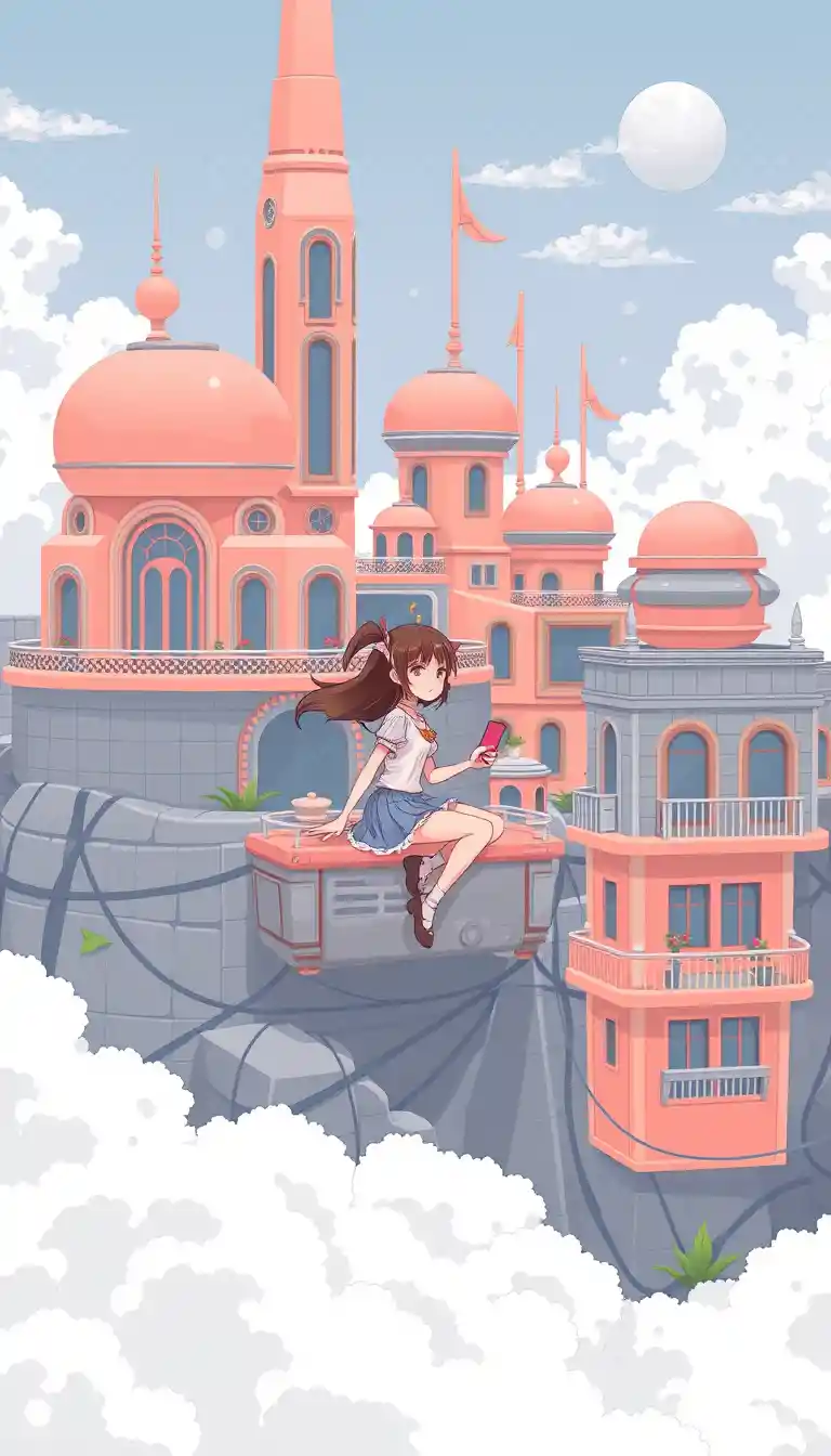 Cute girl riding a cloud above a pixel art fantasy city