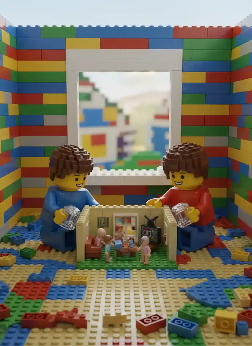 Niños de Lego jugando con un diminuto set de juguetes humanos