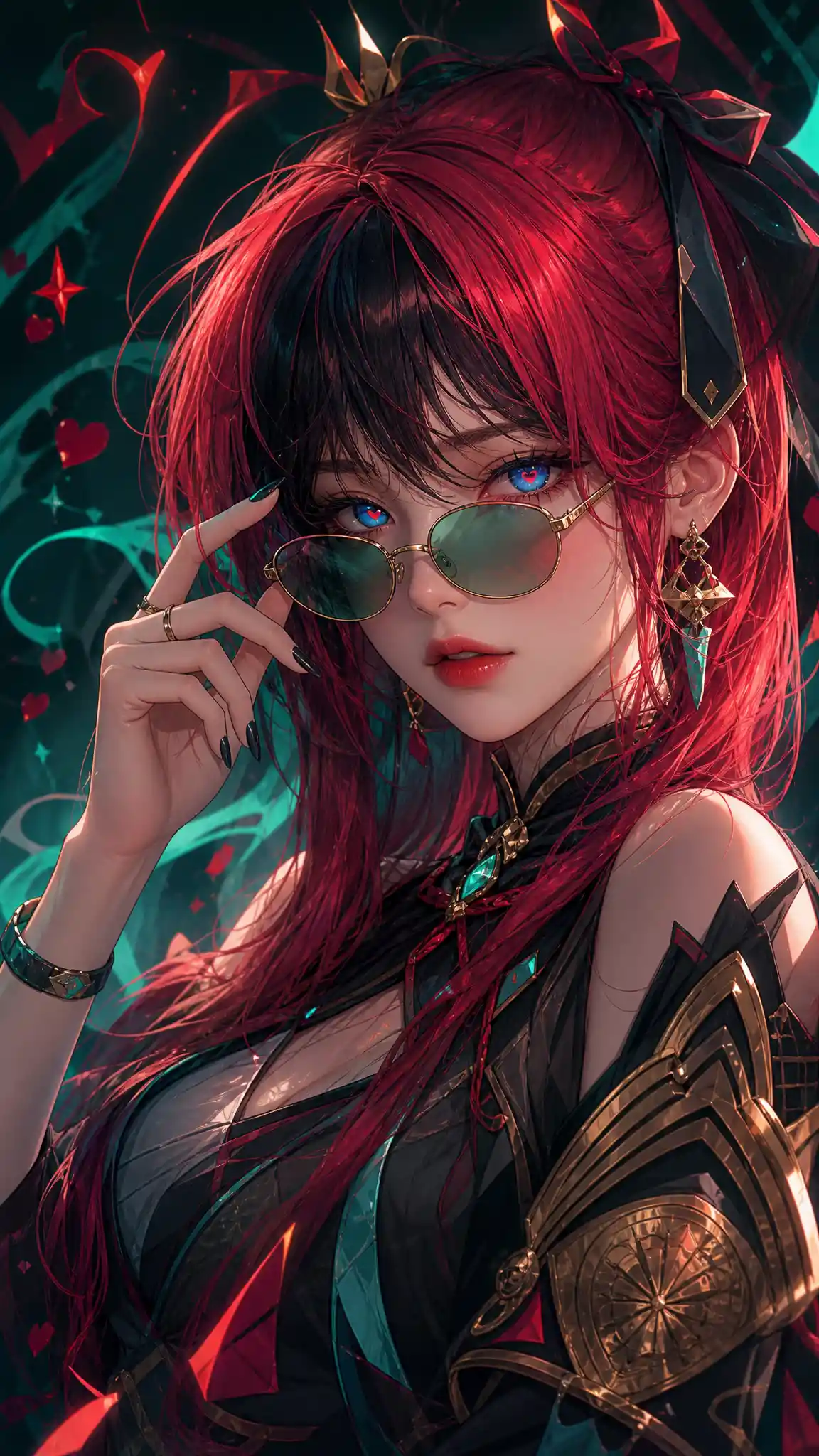 선글라스를 고쳐 쓰는 애니메이션 소녀의 다채로운 추상 초상화