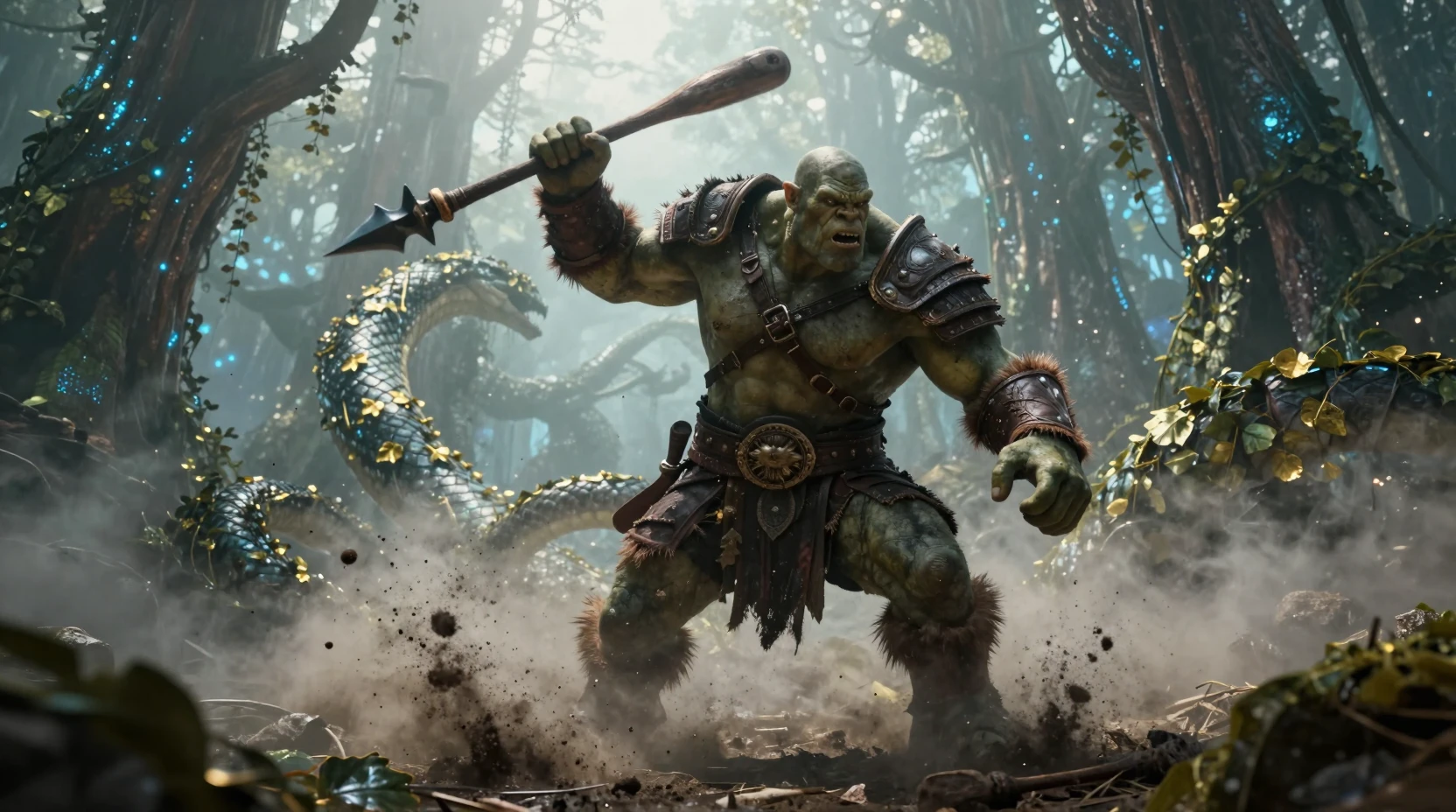 Orc warrior strikes serpent beast in alien jungle