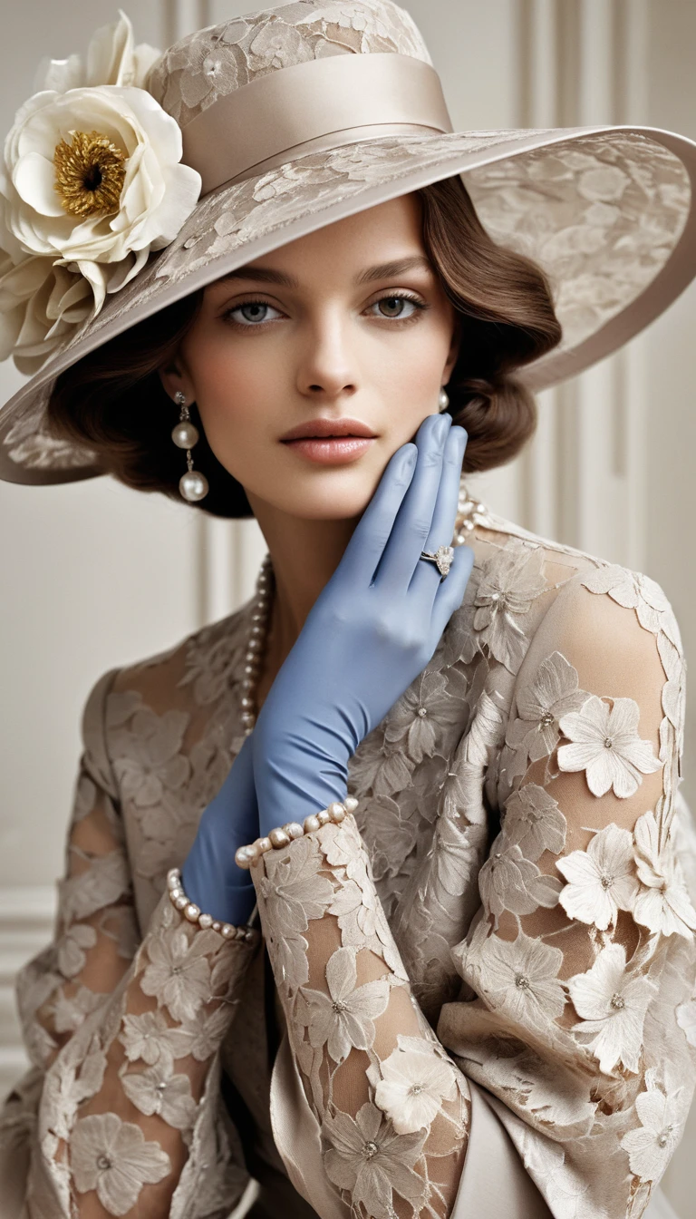 Elegante donna con cappello di pizzo, fiori e perle