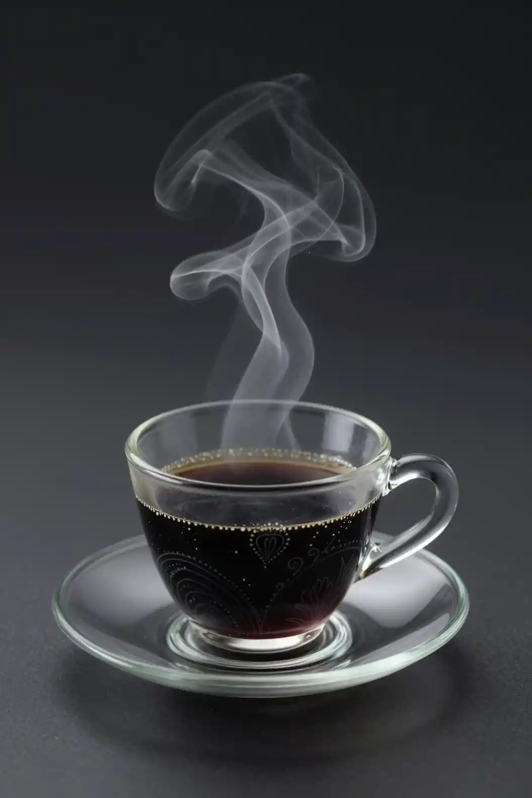 Translucent Glass Coffee Cup With Rising Steam On Dark Background