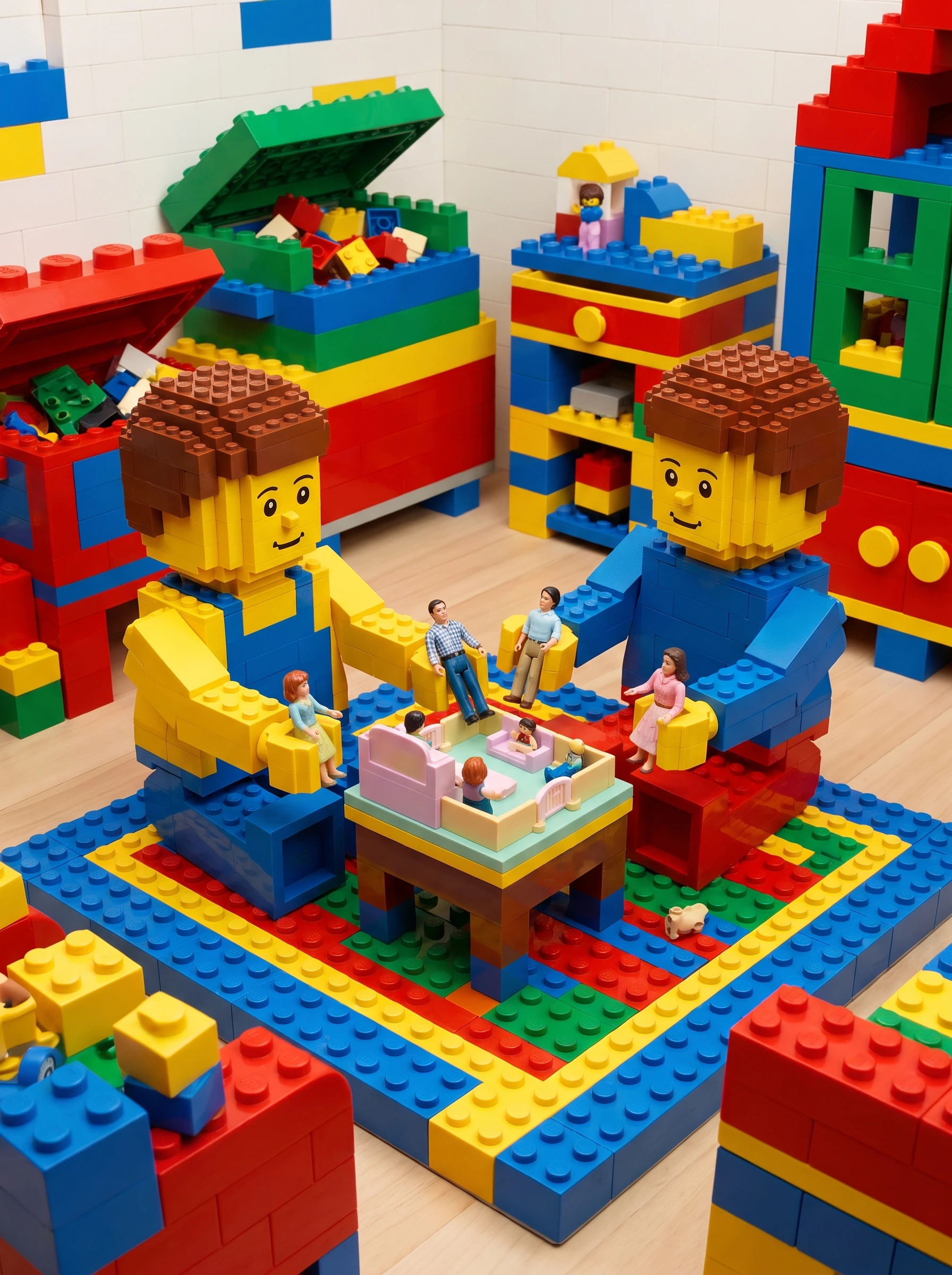 Niños Lego jugando con diminutas figuras humanas realistas