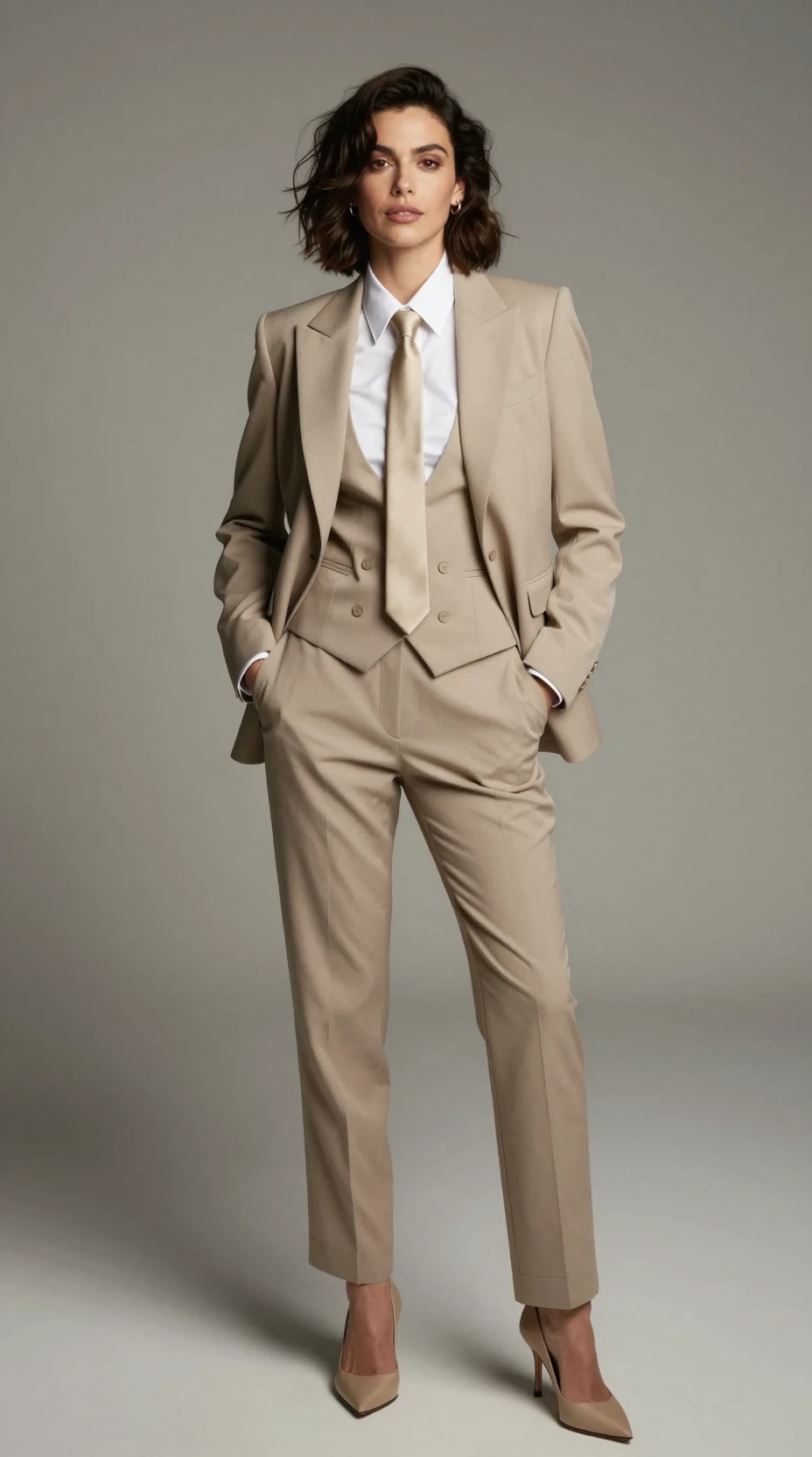 Confident woman in beige three piece suit and heels