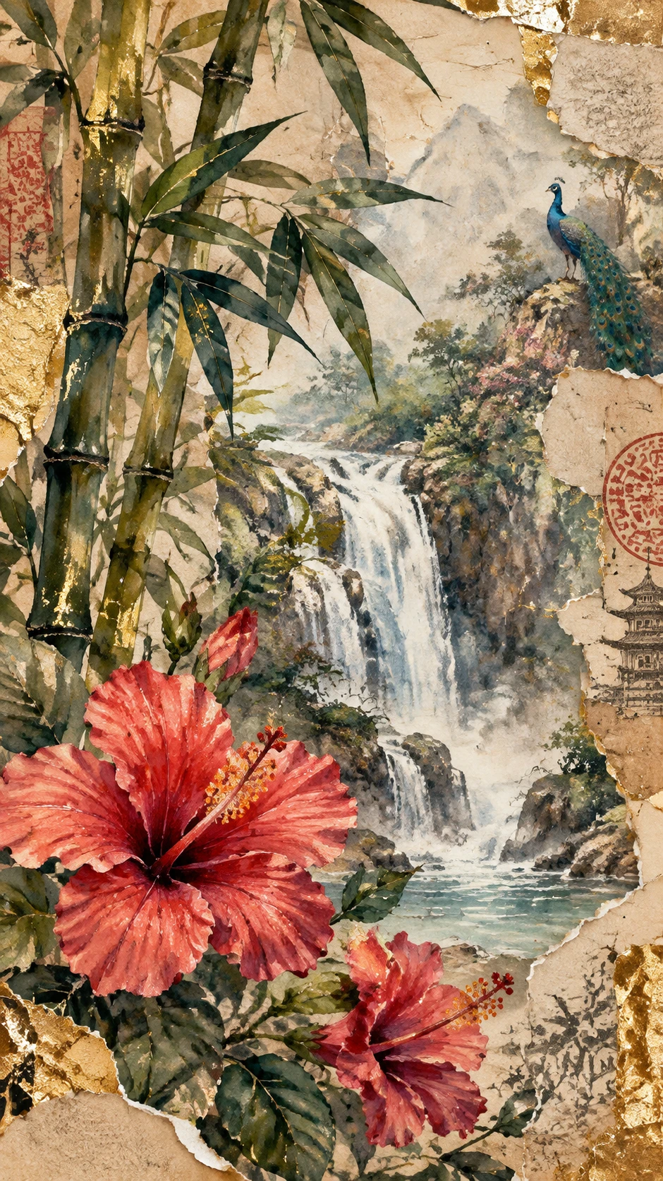 Watercolor waterfall with rocks bamboo and hibiscus flowers