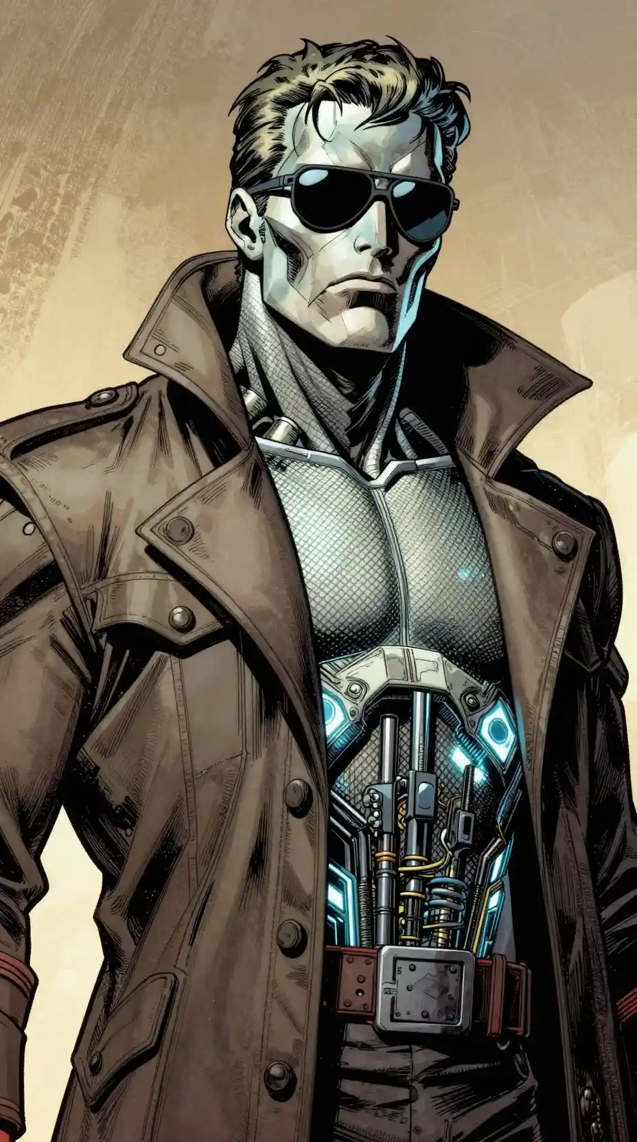 Angular masked hero in tactical coat with dramatic shadows
