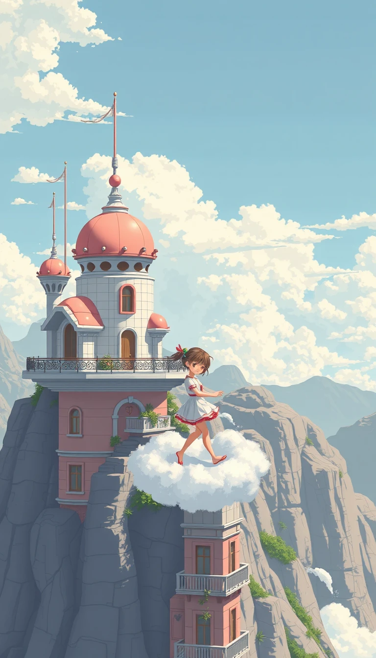Cute girl riding a cloud above a futuristic pixel city
