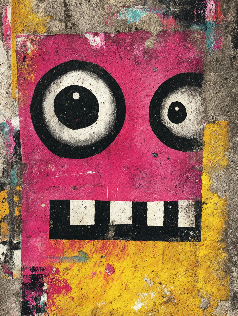 Playful goggly eyes in a minimalist concrete collage