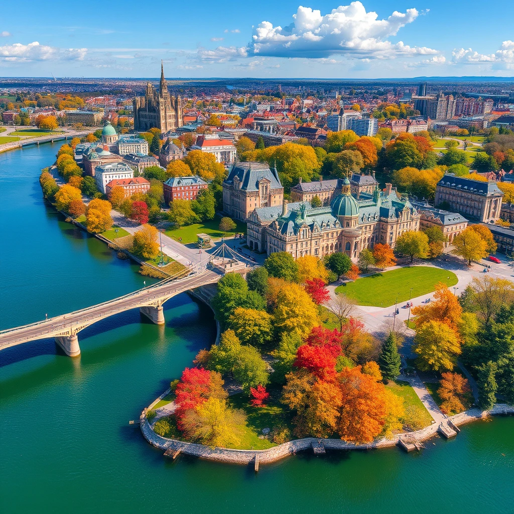 Sunlit riverside metropolis with grand historic skyline