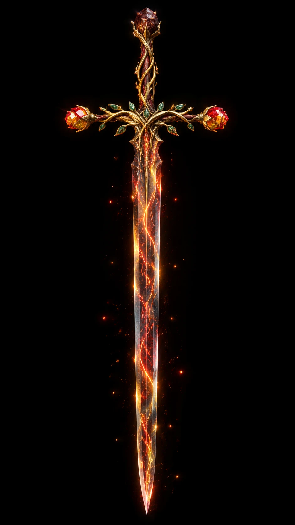 Photorealistic flaming longsword with jeweled rose hilt