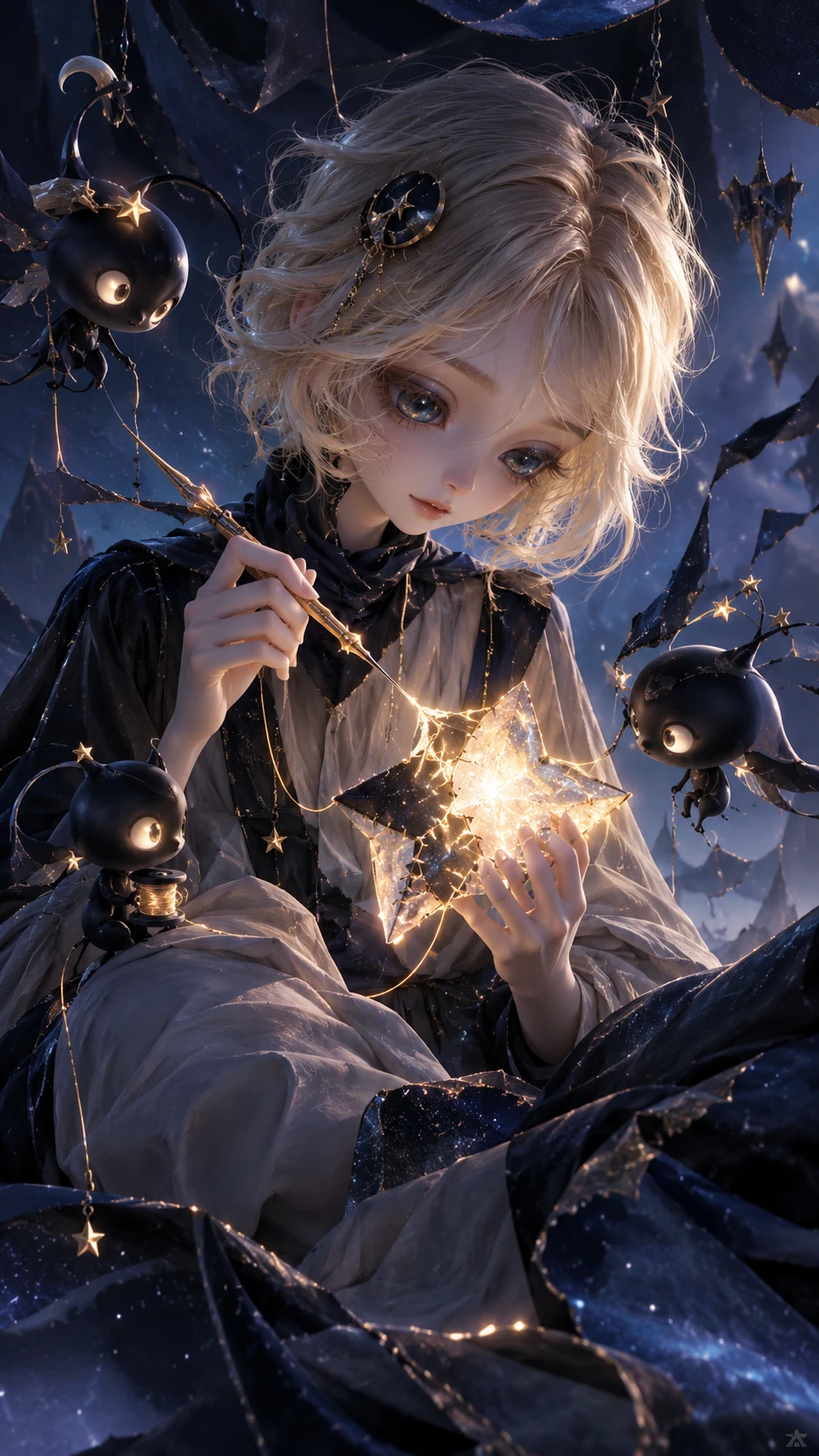 Figura surreal que repara una estrella brillante en la noche suave