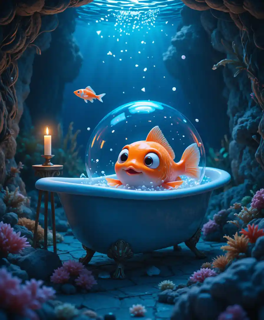 Whimsical 3D goldfish bathing in a sunken ocean tub