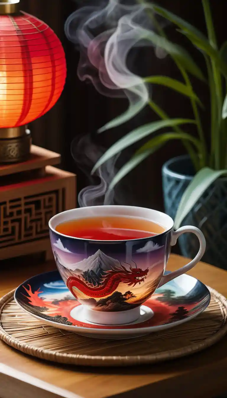Glowing Chinese teacup with dragon shaped nebula steam