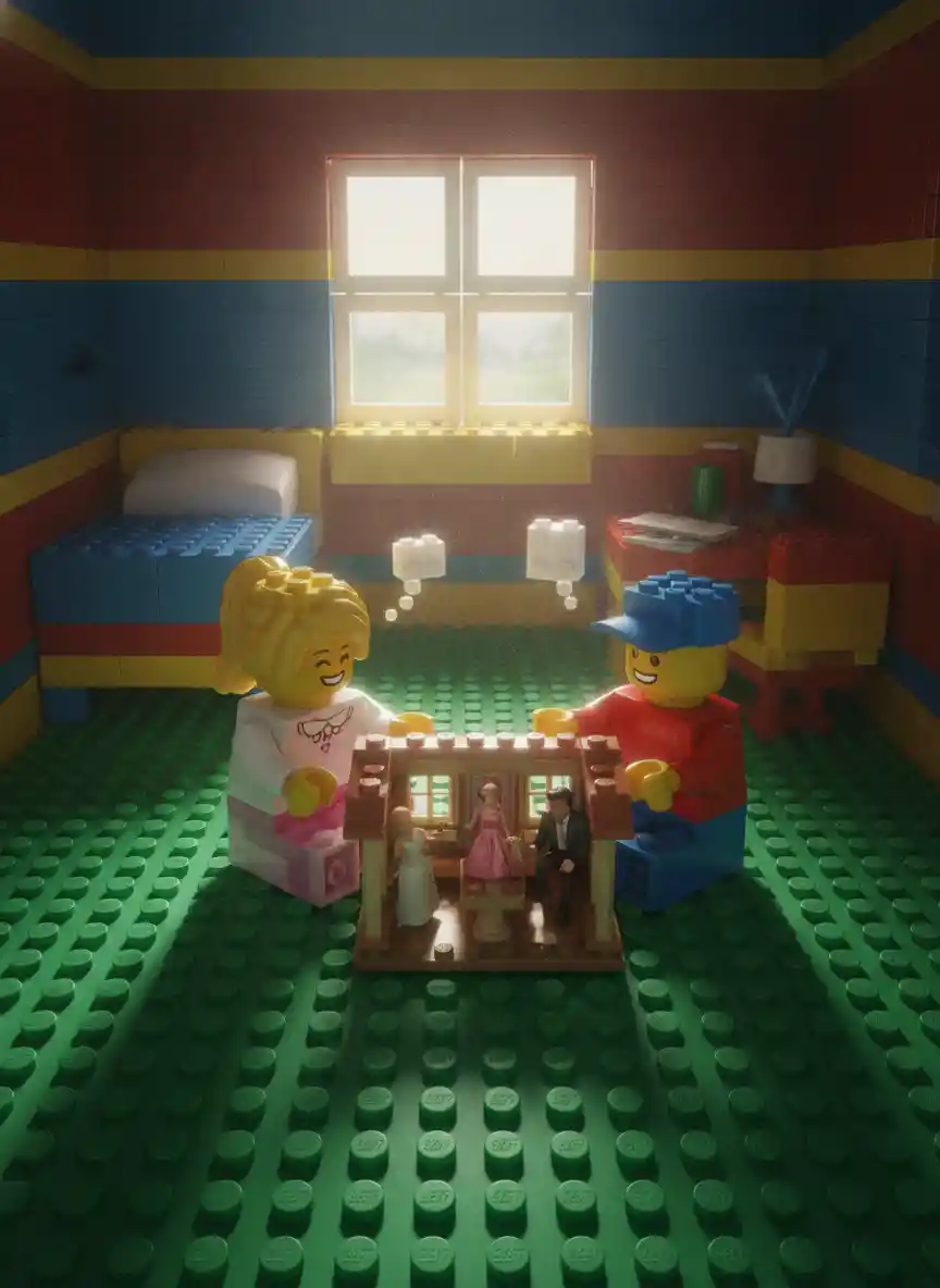 Lego children playing with miniature real human figures