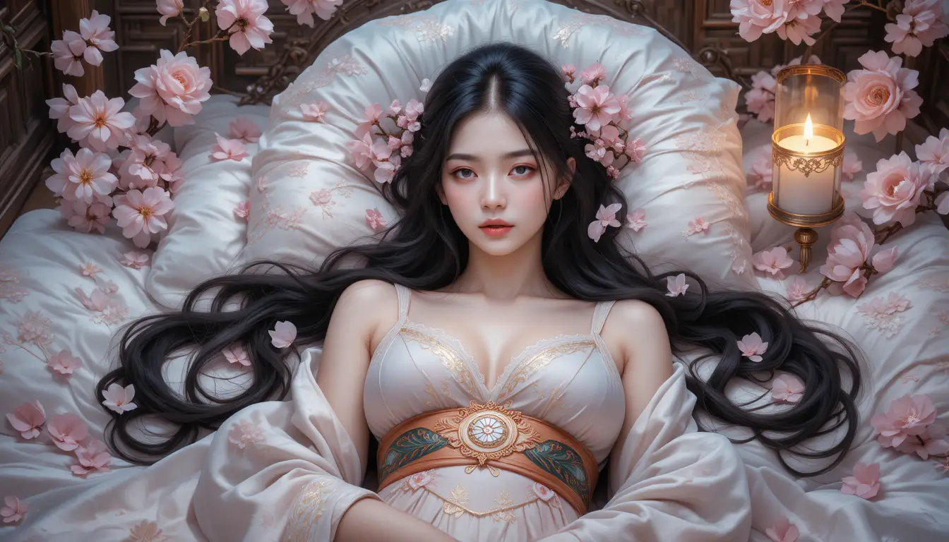 Reclining woman in a Japanese bed with cherry blossoms