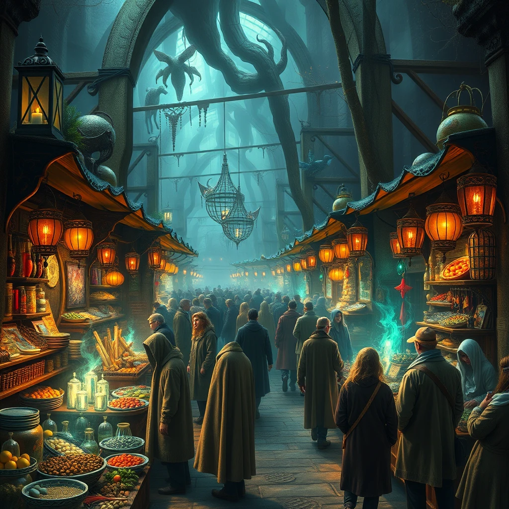 Überfüllter Fantasy-Markt voller übernatürlicher Waren