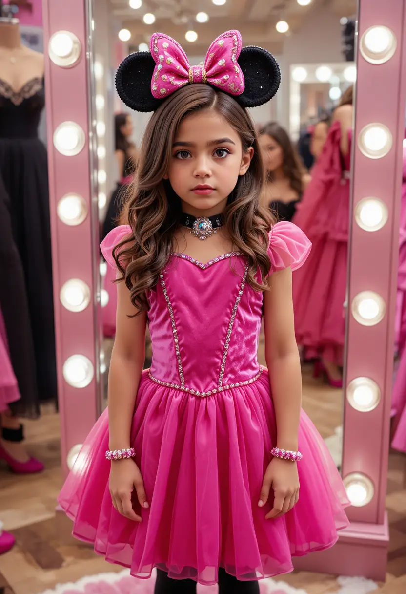 Nervous boy posing in a pink Minnie Mouse princess outfit