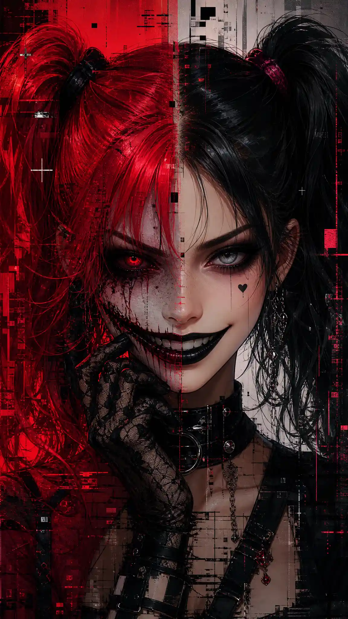 Mujer de anime de rostro partido con coletas rojas y negras
