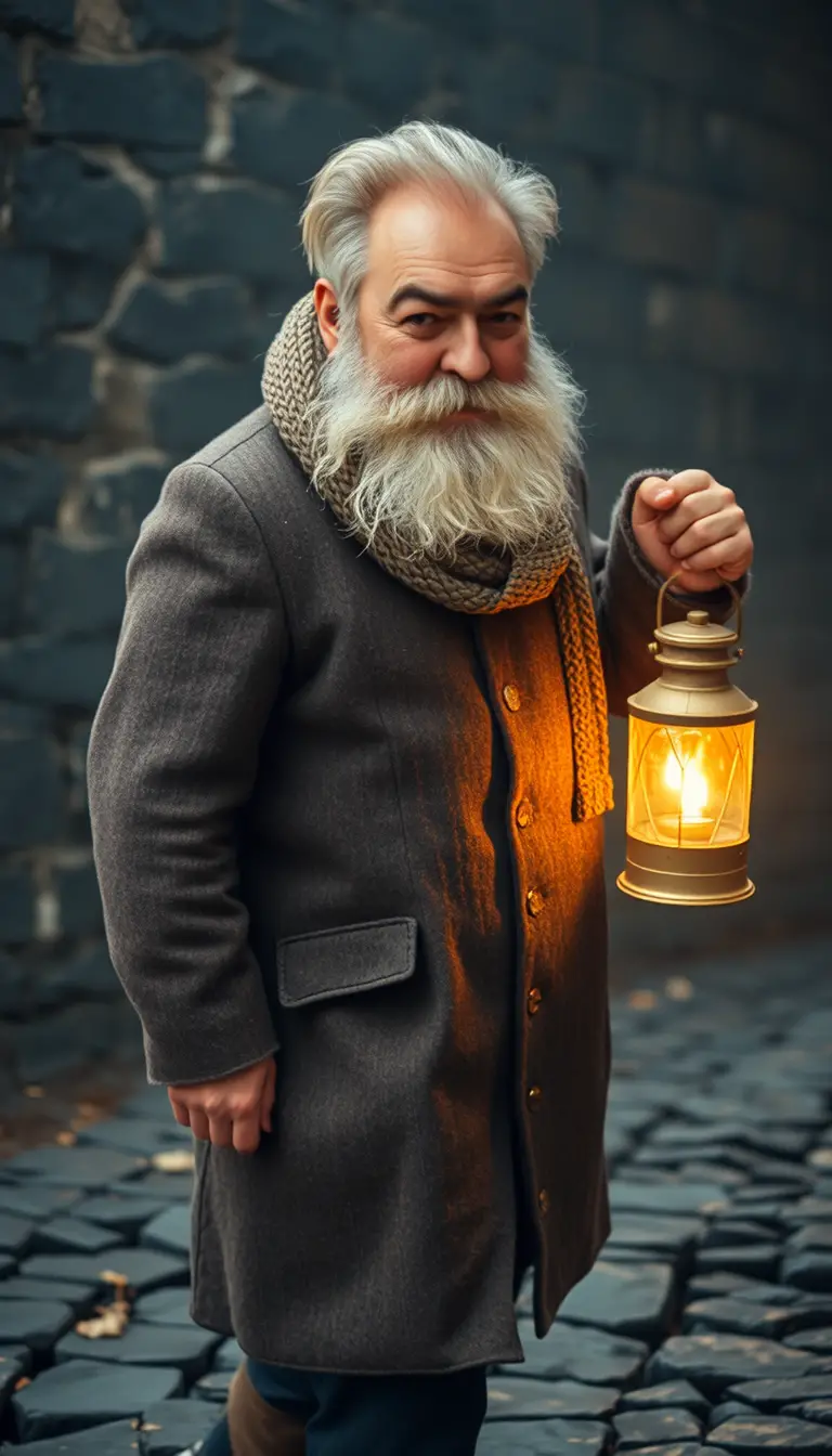 Weathered sailor walking with lantern along dark stone path
