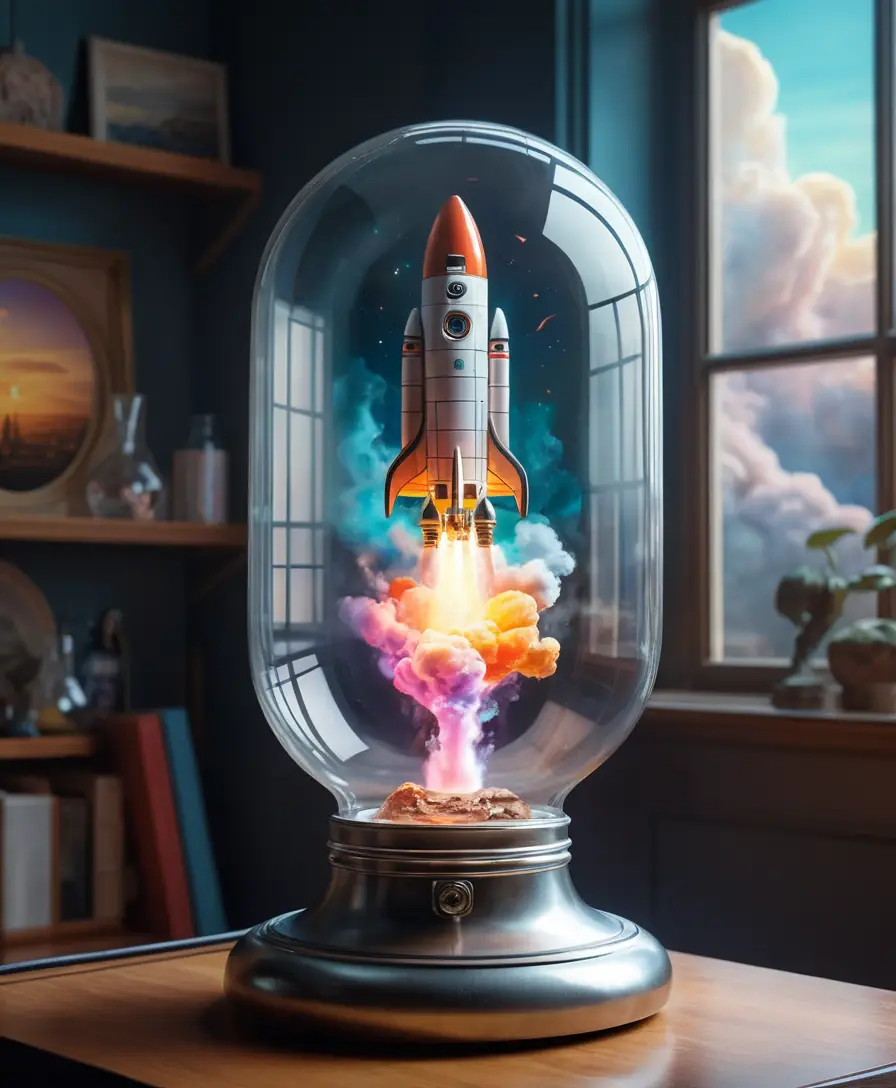 Colorful rocket launch inside a glass bulb in museum