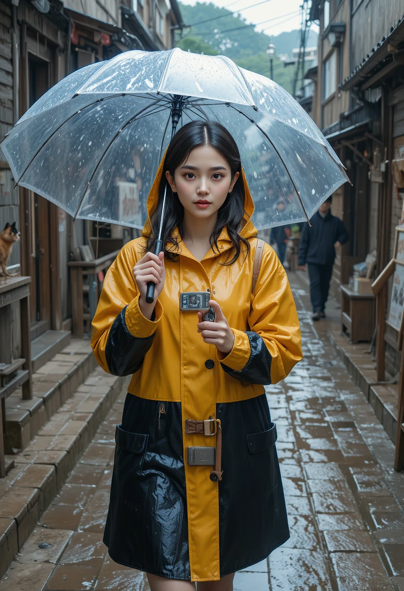 Young woman running down a rainy Seoul alleyway