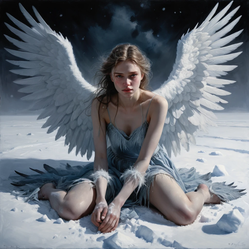 Donna angelo caduto incatenata in un campo di neve ghiacciato al chiaro di luna