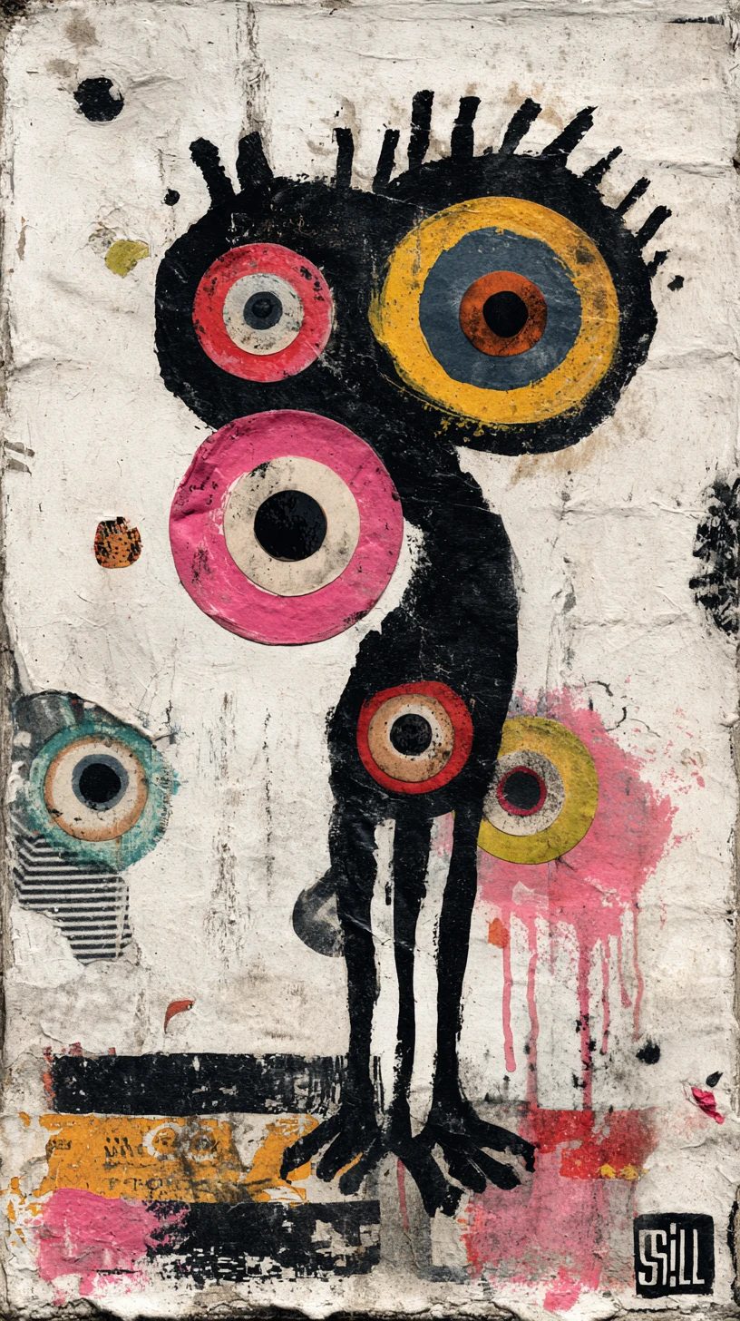 Playful goggly eyes minimalist collage on concrete background