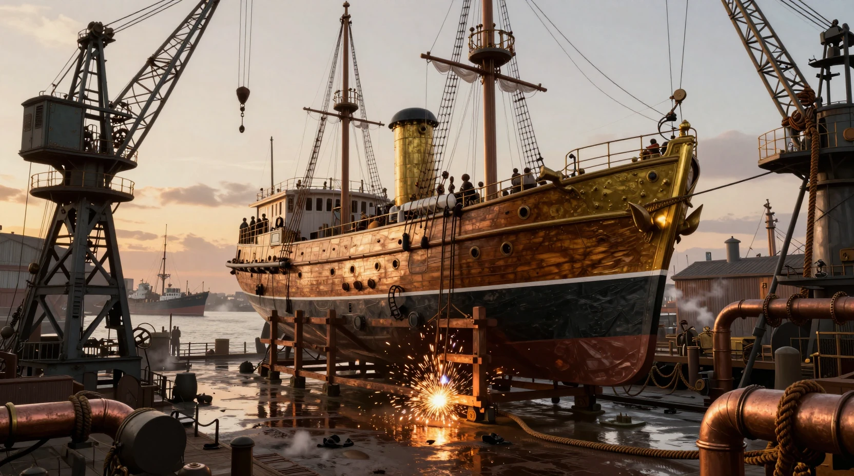 Navire steampunk en réparation dans un dock sec d’un port victorien
