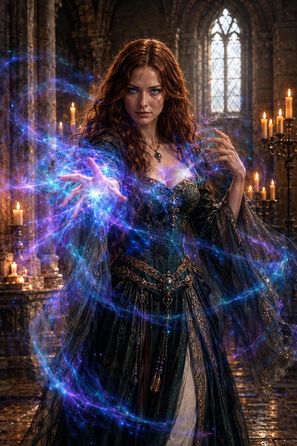 Retrato de estilo renacentista de una hechicera lanzando magia azul